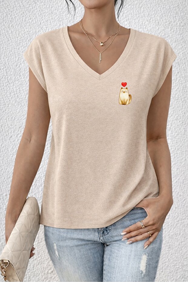 Women's Mix Printed V-Neck Sleeveless Regular Fit Comfortable T-Shirt