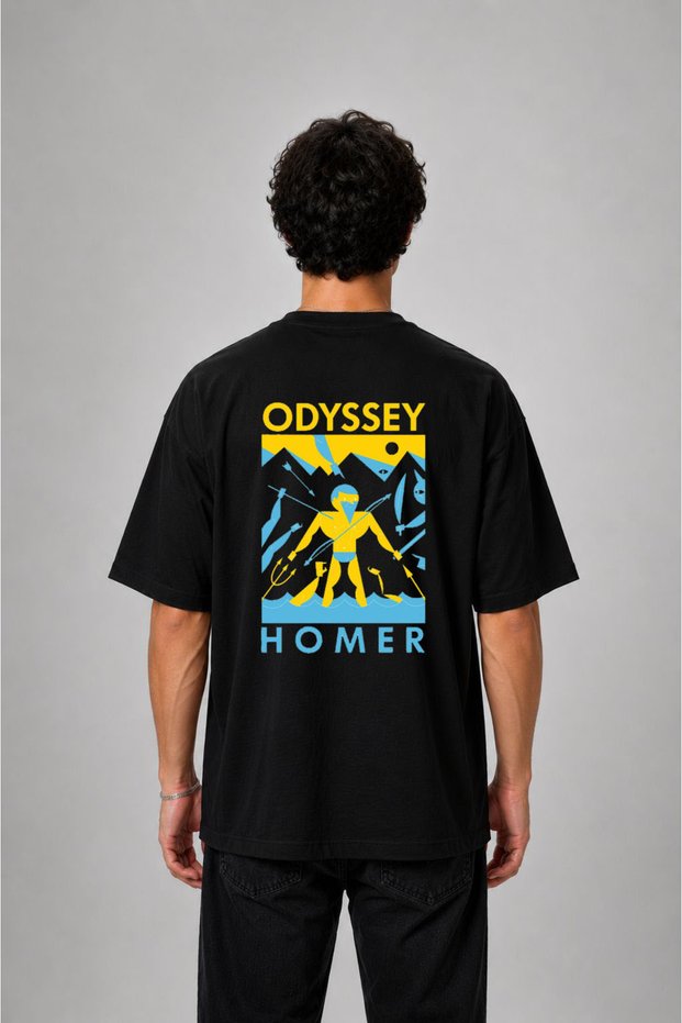 Odyssey Homeros Printed Cotton Oversize Black T-Shirt