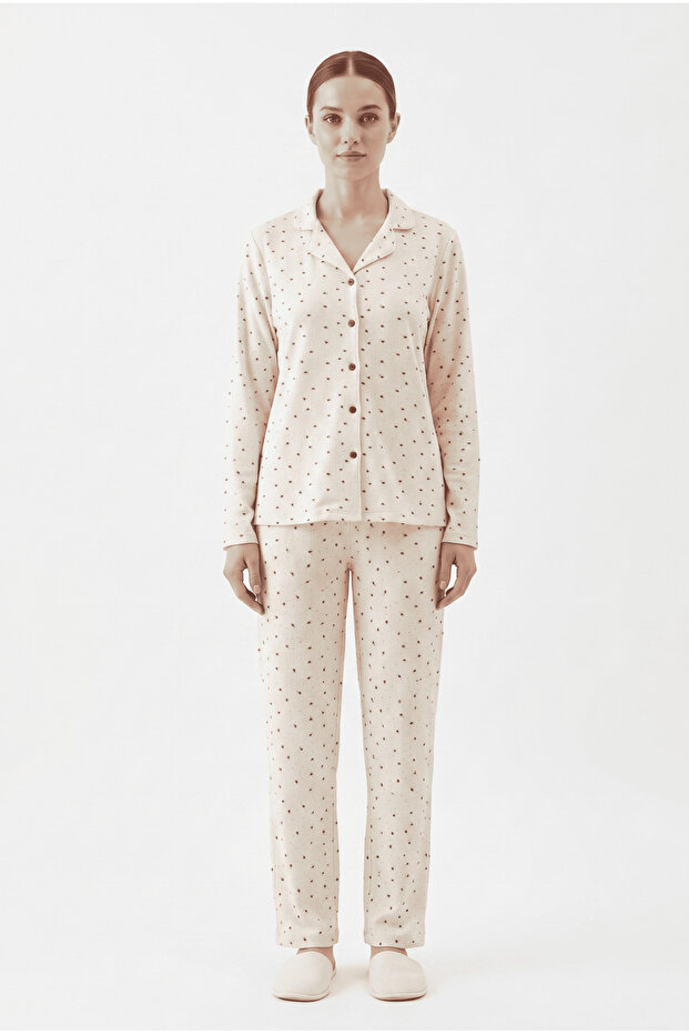 Front buttoned waffle fabric strawberry dot pattern seasonal pajama set