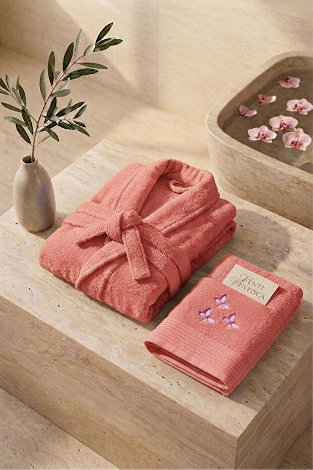 Venti 100% Cotton Soft 2-Piece Bathrobe Towel Set with Embroidery - Hair Towel Set / Dowry Set / Turkish Bath Set