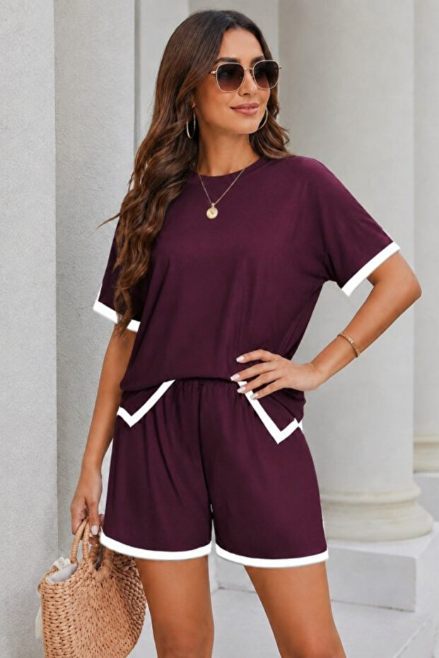 New Season Women's Short Sleeve Crew Neck Stripe Detailed Viscose Two Thread Blouse and Short Shorts Two-Piece Set