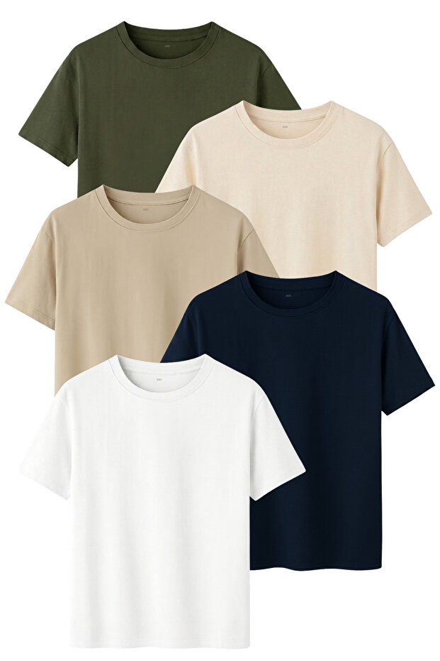 5-Pack Regular Fit Cotton T-Shirt Set Khaki Beige Stone Navy Blue White