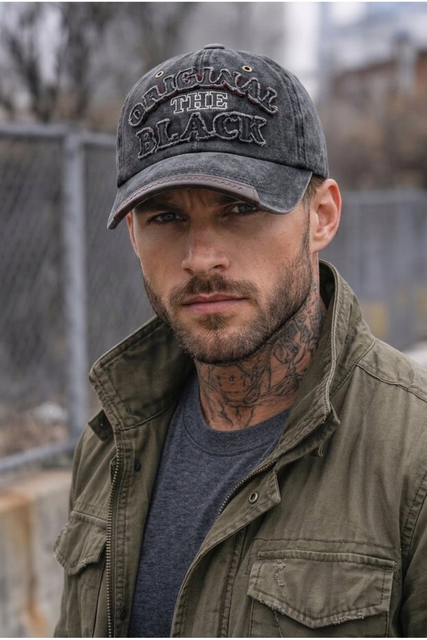 Original the Black Embroidered Washed Leather Vintage Cap Baseball Hat Cap