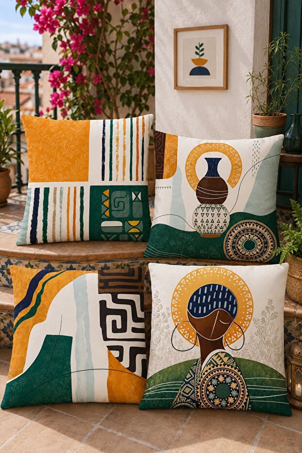 Green African Abstract Patterned 4-Piece Throw Pillow Cover Set