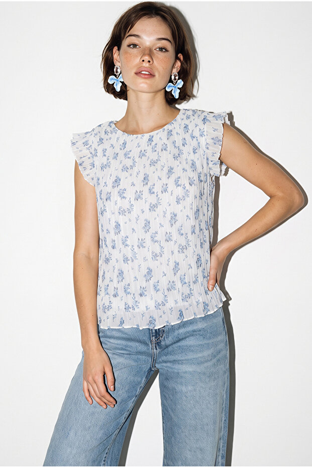 Women's Blue Floral Patterned Ruffle Detailed Lined Pleated Chiffon Blouse 20330 60286424