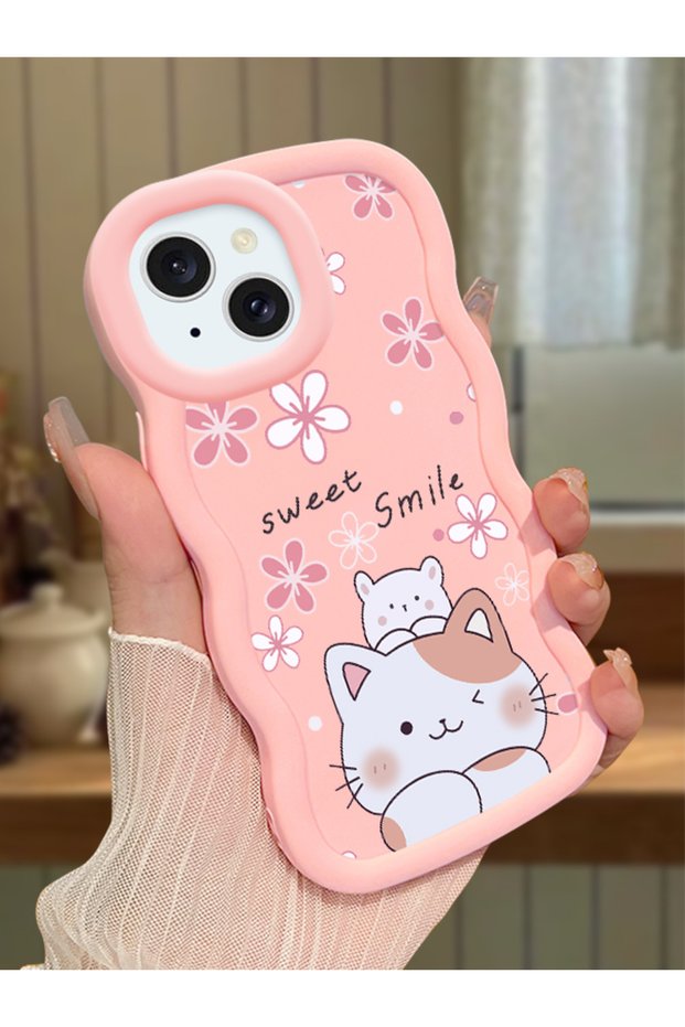 iPhone 14 Compatible Case with Camera Protector Pink Silicone Couple Phone Case Cat Pattern