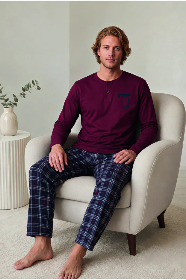 Combed Cotton Single Jersey (Thin) Checked Long Sleeve Men's Pajama Set