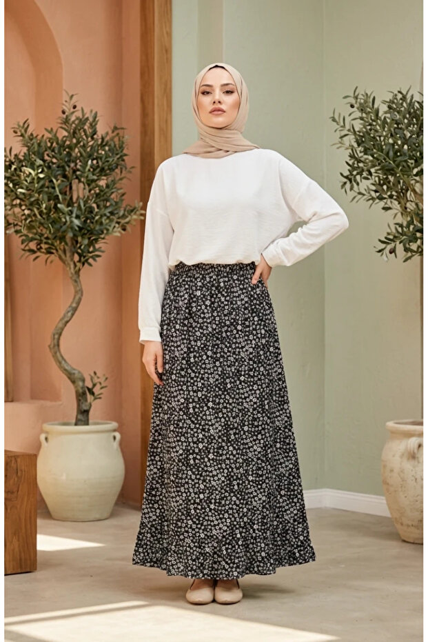 Elastic Waist Floral Patterned Skirt 0304-01 Black