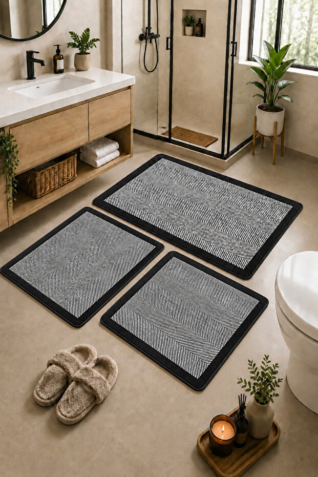 Non-Slip Based Washable 3-Piece Plain Gray Bath Mat and Toilet Set – Modern Bathroom Rug