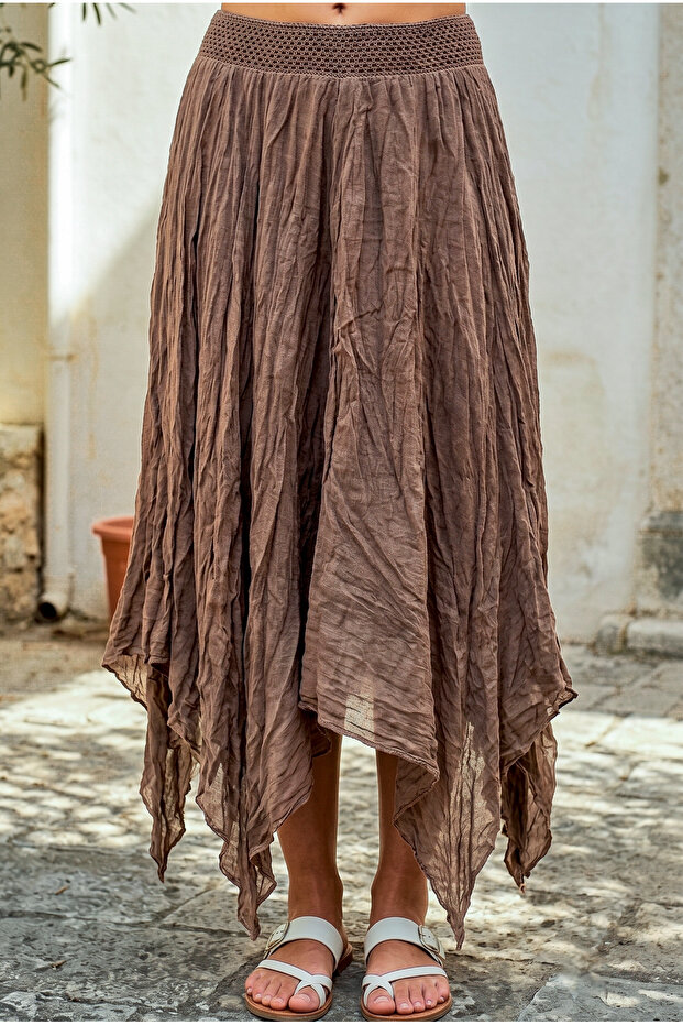 Light Brown Lined Fringed Cut Elastic Waist Casual Wrinkled Long Woven Skirt 95 70