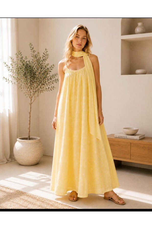 Yellow Adjustable Strap Self-Patterned Summer Comfortable Linen Dress