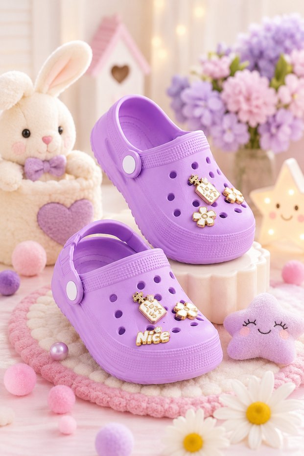 Children's Slippers with Butterfly Accessories, Lightweight, Non-Slip Sole, Summer, Beach, Pool, Garden, Daily Use, Eva Sabo Slippers, Purple