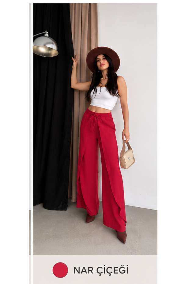 Women's Pomegranate Flower Modal Fabric Curtain Model Wide Leg Elastic Waist Lace-Up Trousers