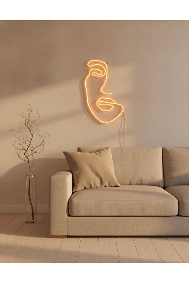 Soyut Yüz Figürlü LED Neon Duvar Tablosu | Amber Aydınlatmalı Modern Dekor | Salon - 1