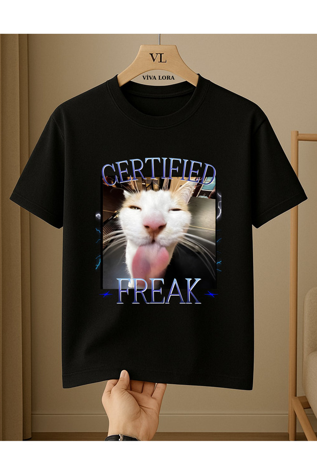Cat Certified Freak Printed 100% Cotton Crew Neck Regular Unisex T-Shirt