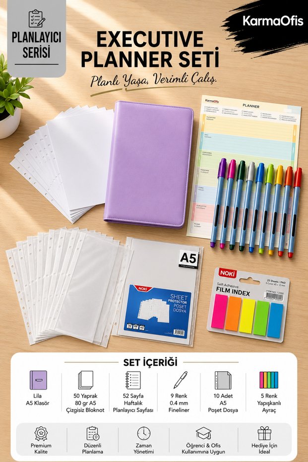 A5 4-Ring Lilac Planner Folder Set | 50 Sheets of Notepads, 52 Sheets of Weekly Planner, 9 Colors of Fineliner, 10 A5 Pocket Files, and 5 Colors of Sticky Tabs