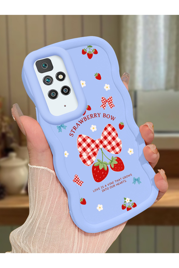 Redmi 10 2022 Compatible Case Camera Protector Blue Silicone Couple Phone Case Strawberry Pattern