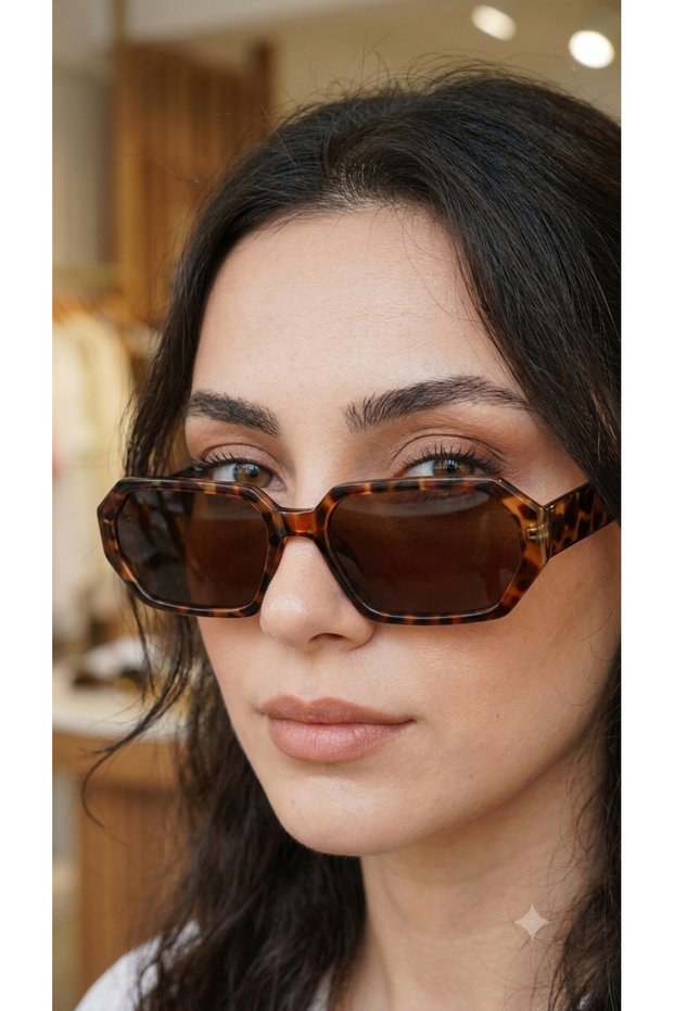 Women's Leopard Patterned Hexagonal Framed Brown Glass Sunglasses