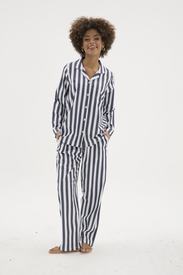 Women's Blue Front Buttoned Striped Gaffur Pajama Set C4T3N04