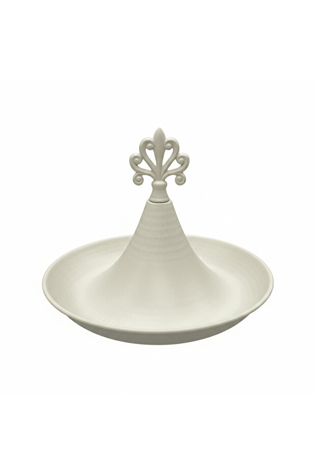 Cream Round Metal Serving Tray with Ornate Finial - 26×18 cm