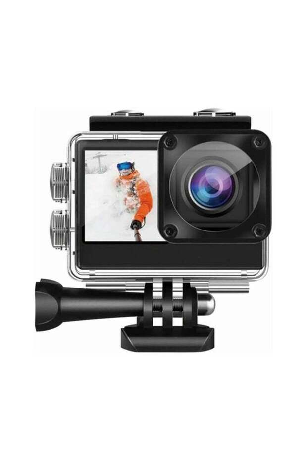 Dual Display Action Camera, 4K 30fps Video, 16MP Photos, 2.0'' + 1.3'' Dual Screens, Wi-Fi Connectivity, Waterproof Case, Multiple Shooting Modes, 900mAh Battery, Micro-SD up to 64GB, Mount Acc