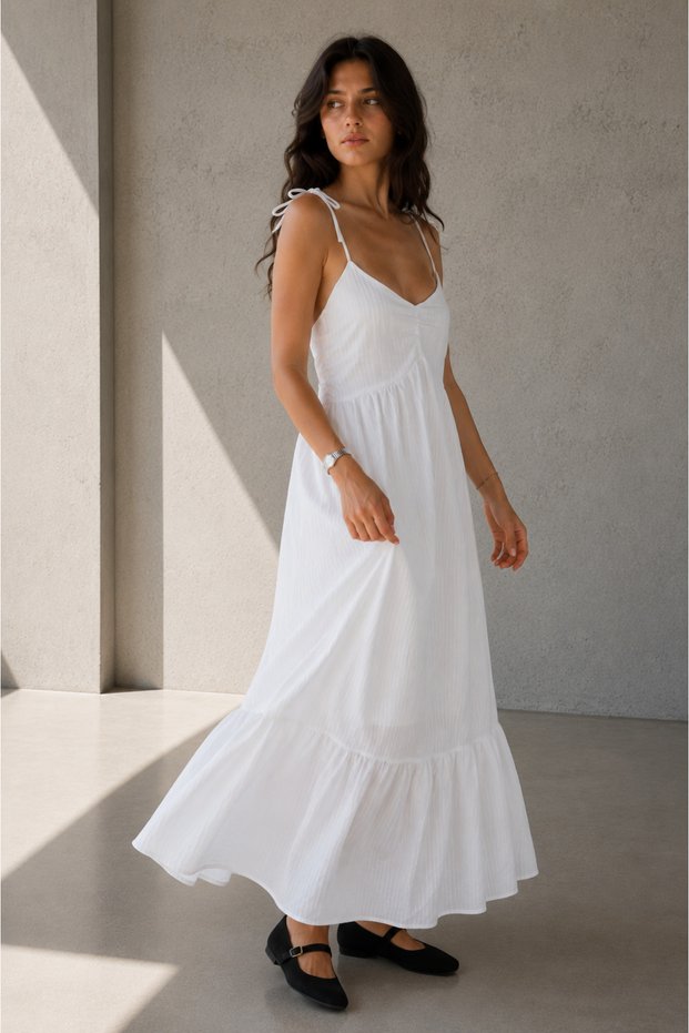 Women's Ecru Striped Maxi Length 100% Cotton Dress