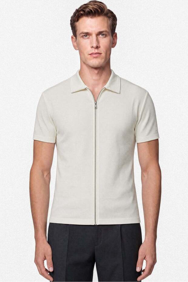 Comfort Fit Comfortable Fit Polo Collar Zippered Ecru White T-Shirt Ts 930