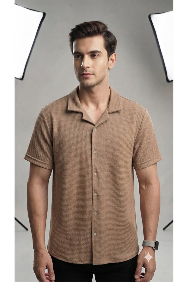 Men's Summer Buttoned Lycra Stretchy Short Sleeve Classic Comfortable Cut Shirt