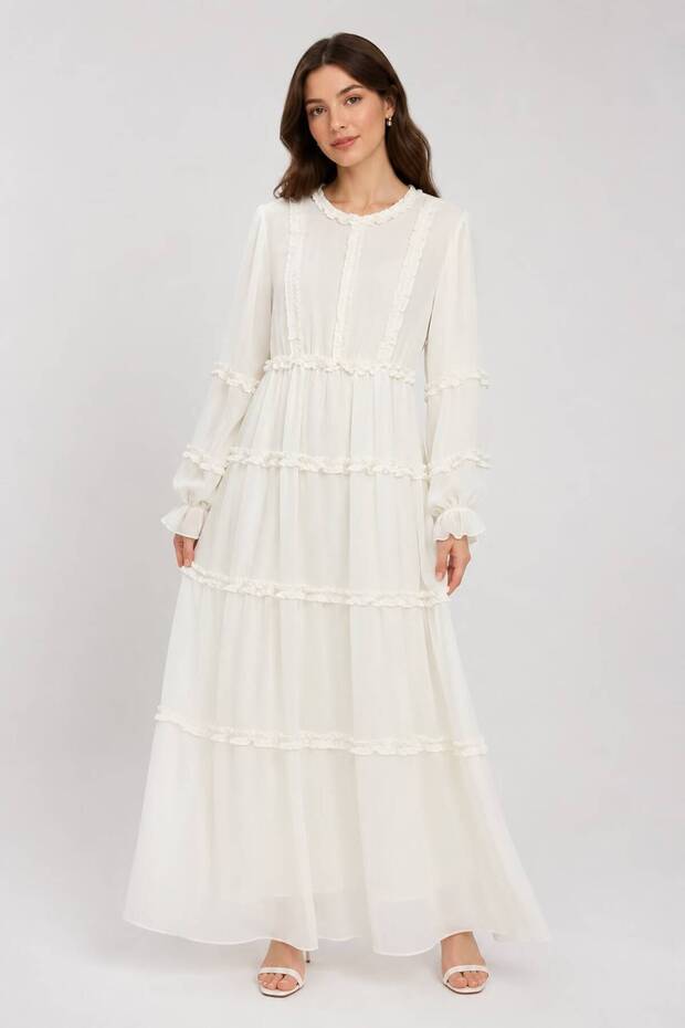 Chiffon Dress with Elastic Waist and Ruffle Details