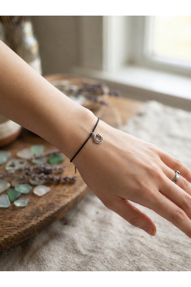 Black Rope Adjustable Lucky Bracelet with Moon and Star Figures