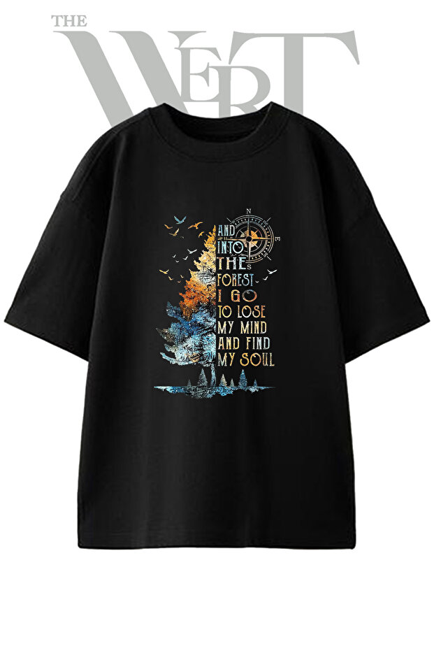 Forest Compass_1 Design Printed Unisex Black Oversize T-Shirt