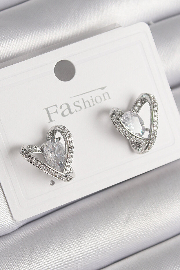 Brass Silver Color Zircon Stone Heart Model Women's Earrings
