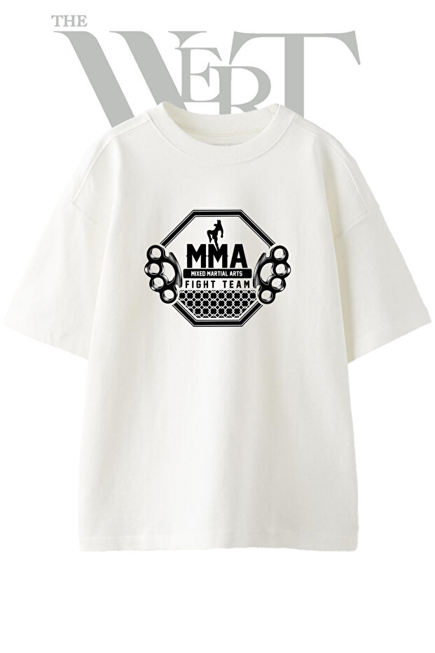 تي شيرت أبيض كبير الحجم مطبوع بتصميم MMA Fighter للجنسين