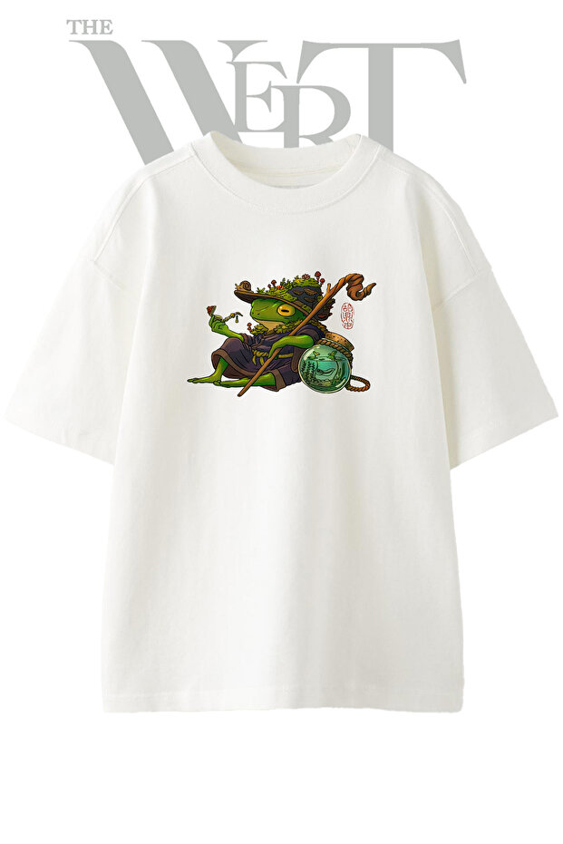 Kurbaga Bilge Design Printed Unisex White Oversize T-Shirt