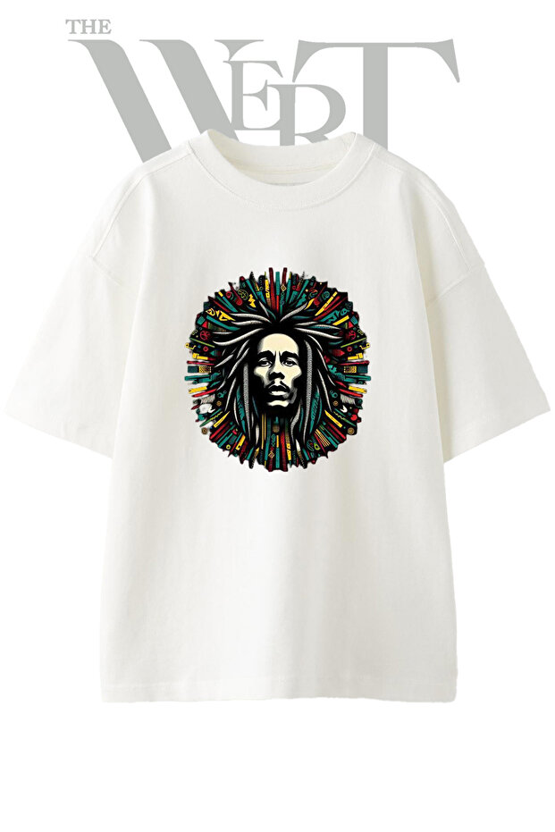 Bob Marley Design Printed Unisex White Oversize T-Shirt