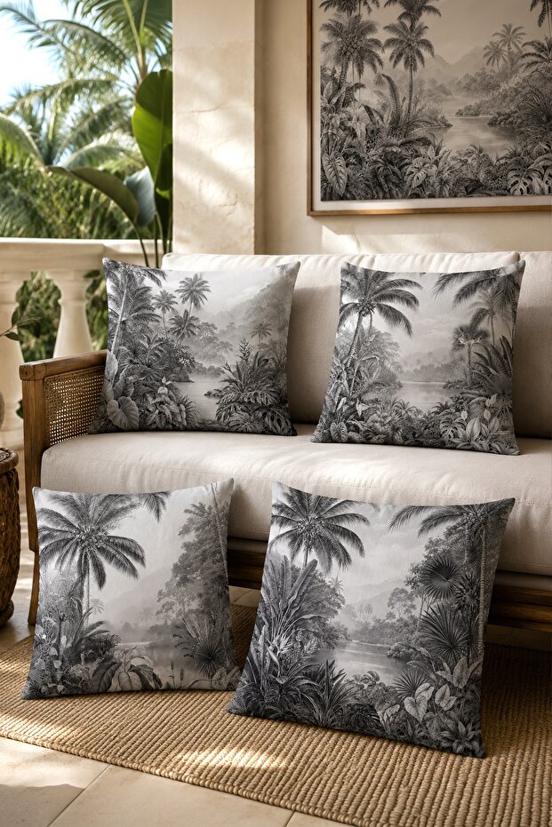 Amazon Patterned 4-Piece Throw Pillow Cover Set in Gray Tones