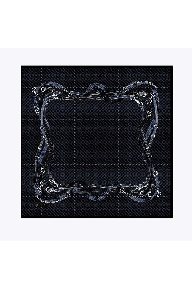 Plaid Belt Pattern Tivil Silk Scarf Navy Blue
