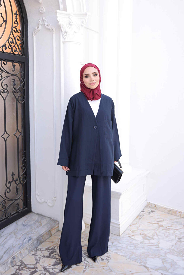 Navy Blue Buttoned Jacket and Pants Set