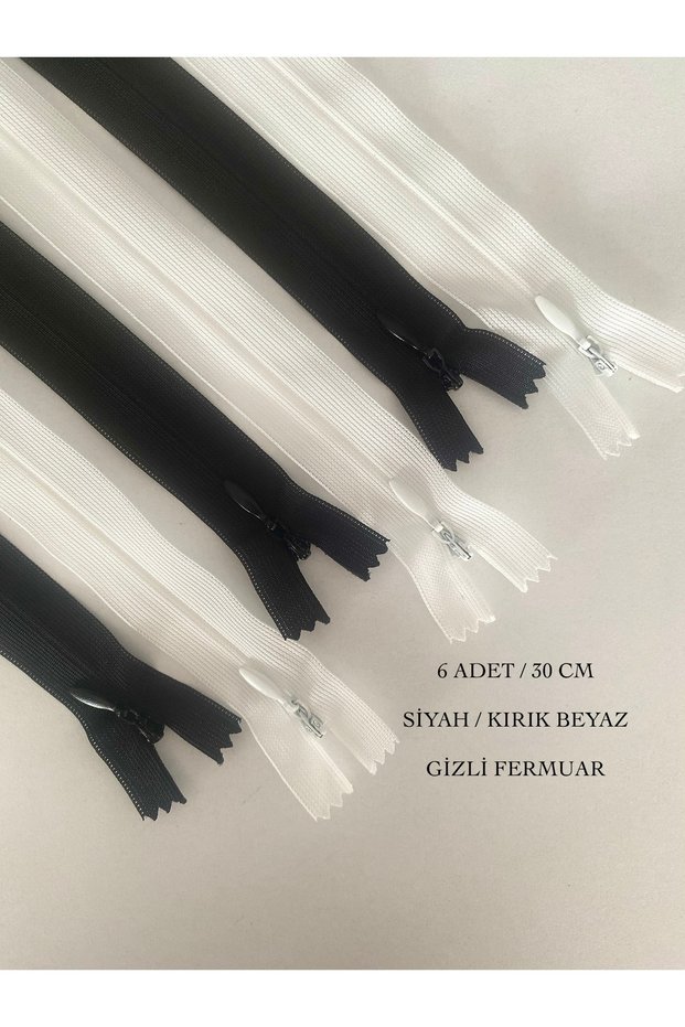 6 Pieces Black and Off-White 30 Cm, Hidden Zipper for Dress, Skirt, Evening Dress