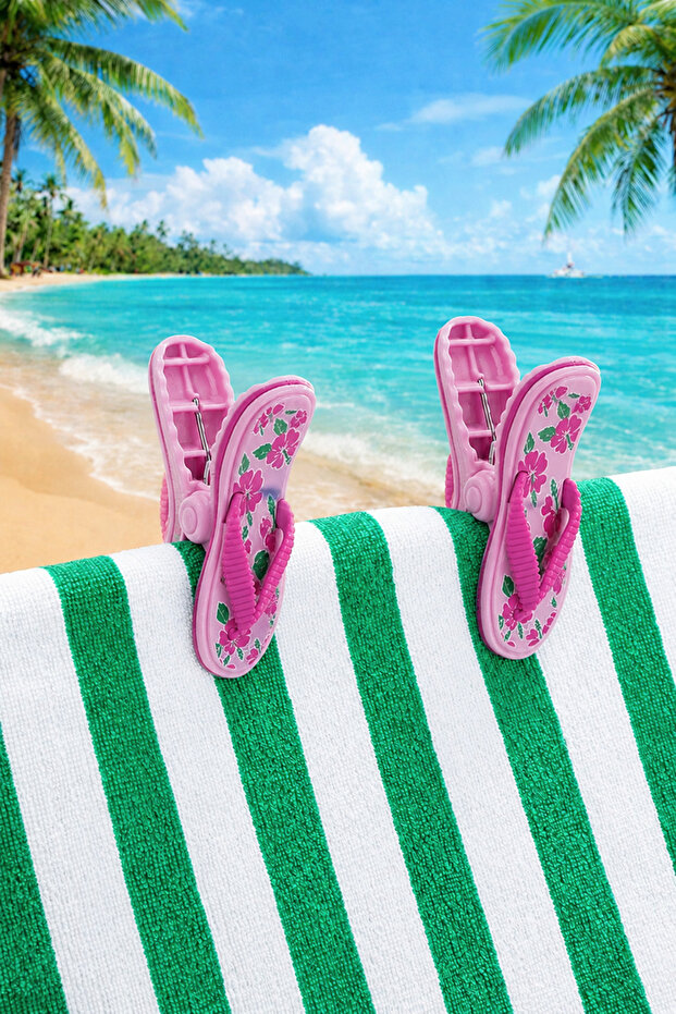 2-Piece Slipper Chair Clips - Beach Clips - Carpet Clips - Towel Fixers - Table Clips - Pink Slipper Figured Towel Clips