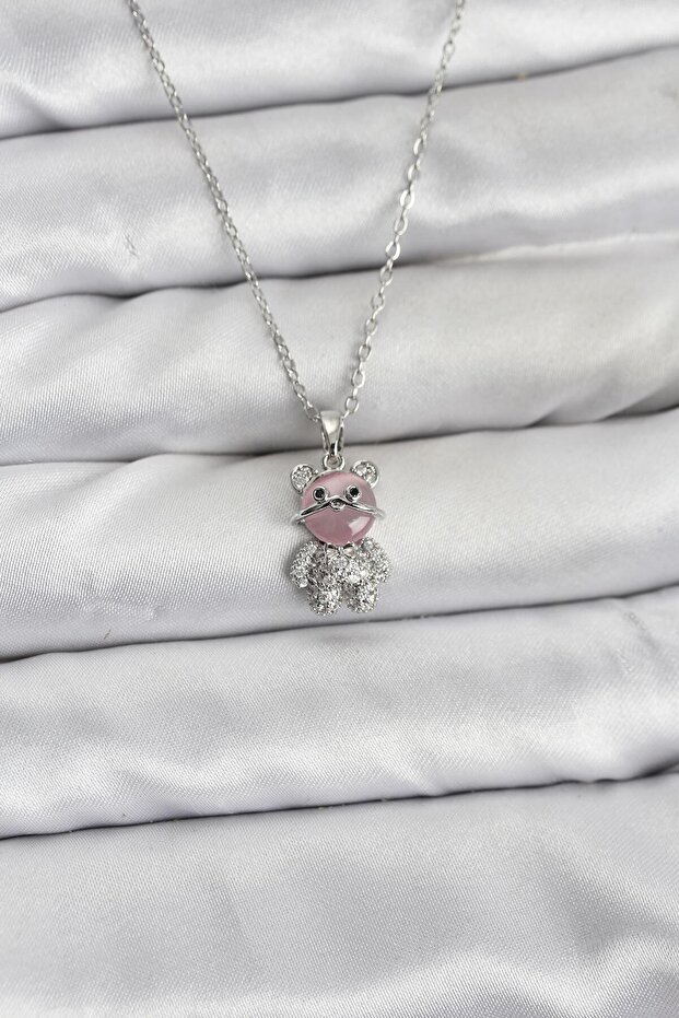 316L Steel Chain Silver Color Teddy Bear Model Zircon Stone Women's Necklace