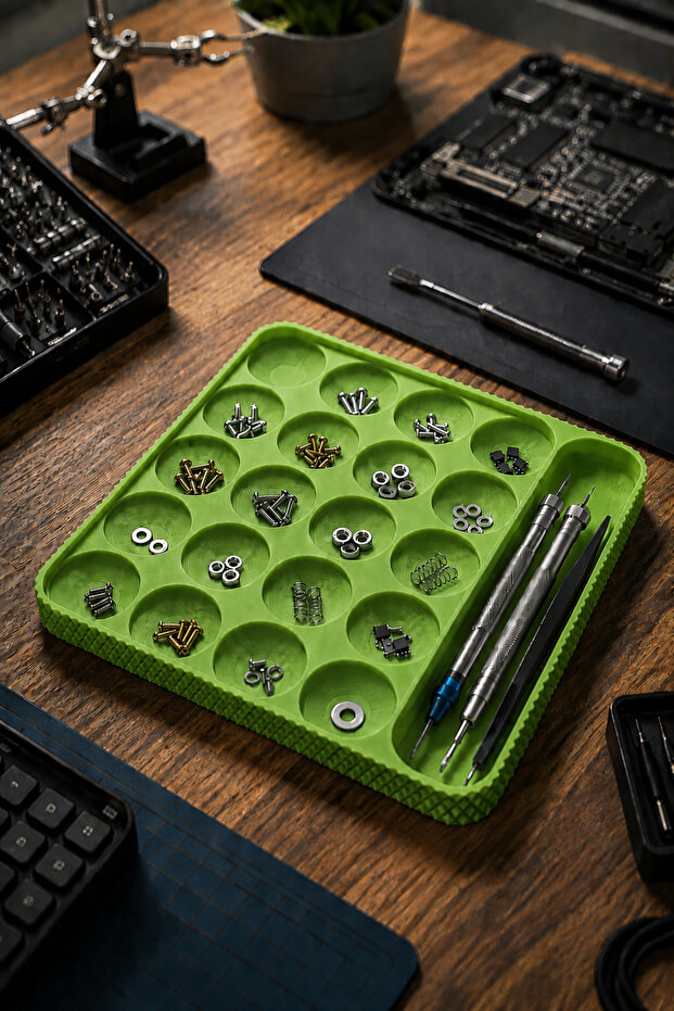 Electronics Repair and Hobby Work Tray – Screw and Small Parts Organizer (18 × 18 cm)