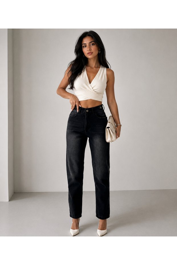 Women's Black High Waist Belt Detailed Fit Mom Jean Boyfriend Jeans