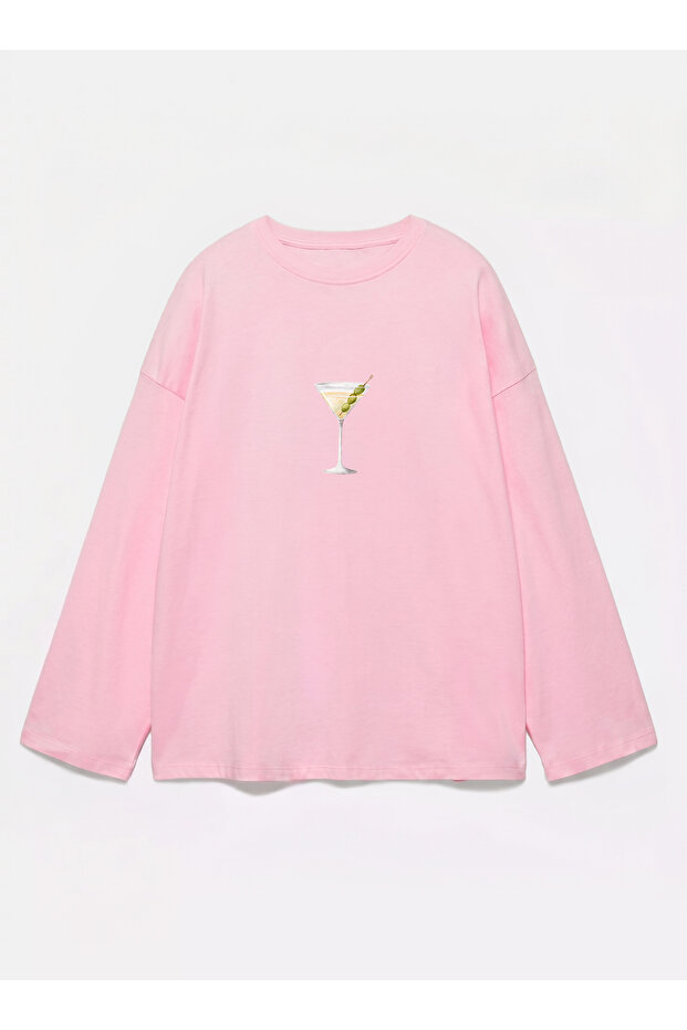100% Cotton Oversize Fit Cocktail Printed - Crew Neck Long Sleeve T-Shirt