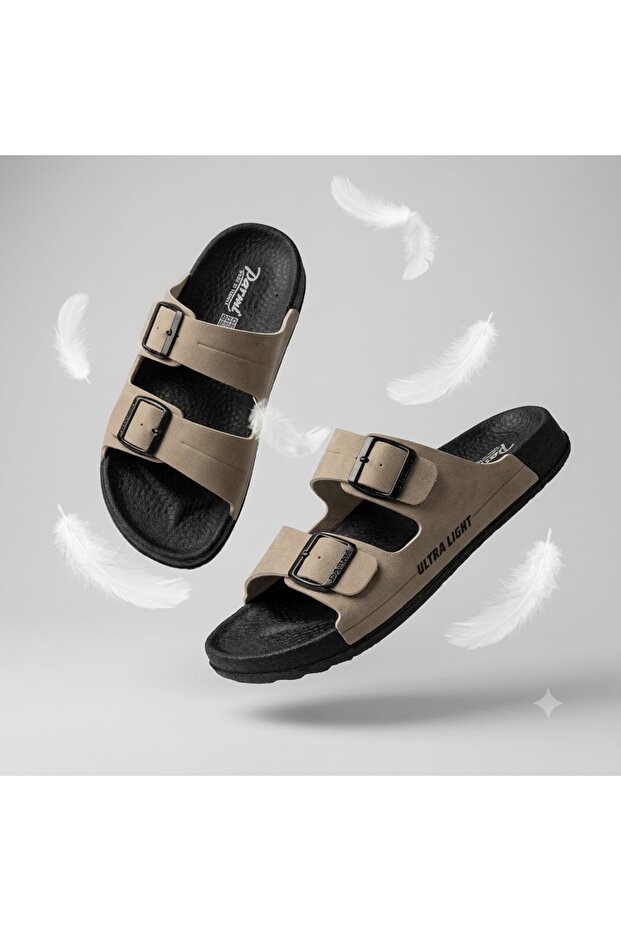 (Parmi) Very Light with Two Buckles (41 Size 1 Pair 125 Gr) Daily Men's Slippers Beige
