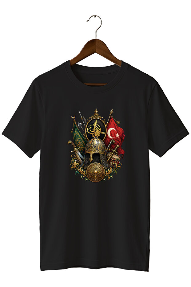 Ottoman Empire Tughra and Warrior Symbols Printed Unisex T-Shirt – Design with Historical Turkish Motifs