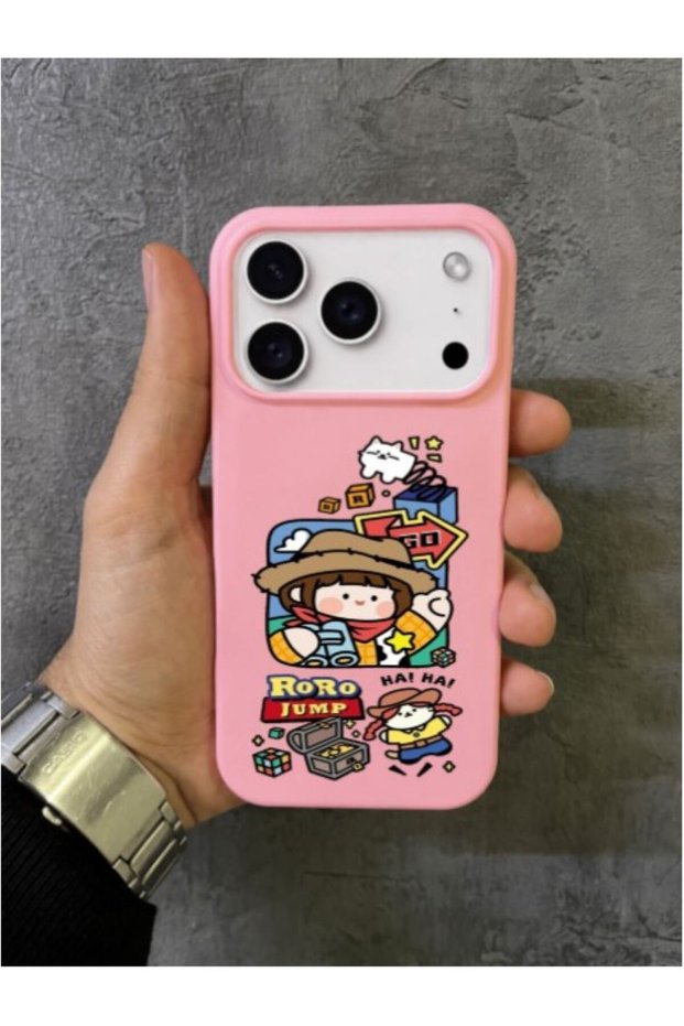 iPhone 17 Pro Max Compatible Roro Jump Written Cowboy Hat Girl and Cat Pink Case