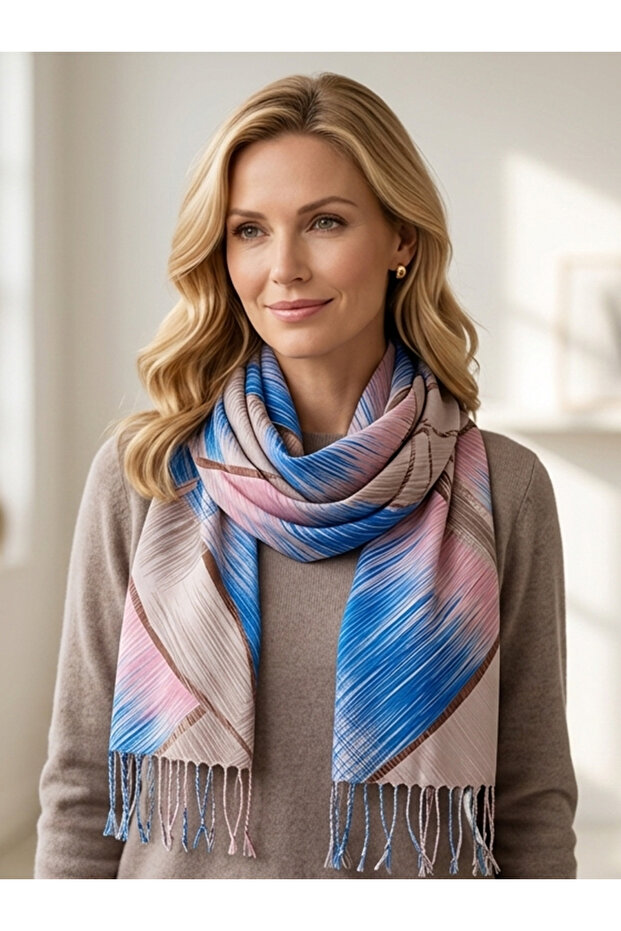 Pink Blue Brown Patterned Women's Pashmina Scarf Shawl with Tassels on the End 75 X 155 cm Accessory