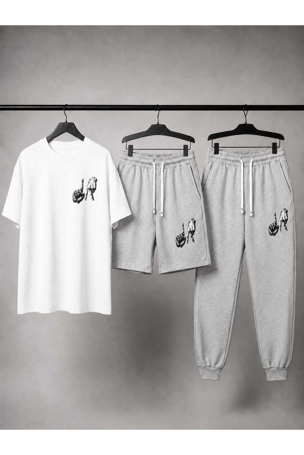 T-Shirt, Sweatpants, Shorts 3-Piece Combination Thin Summer Sweat-Absorbing Finger Printed Women's / Men's Unisex Model