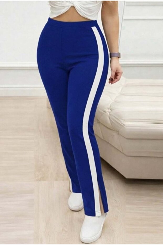 Women's High Waist Side Striped Detail Slit Viscose Two Thread Pants